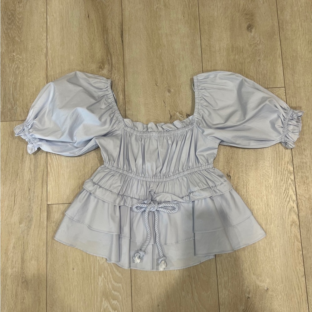 Moodie Blue Puff Sleeve Blouse with Ruffled Tie Front